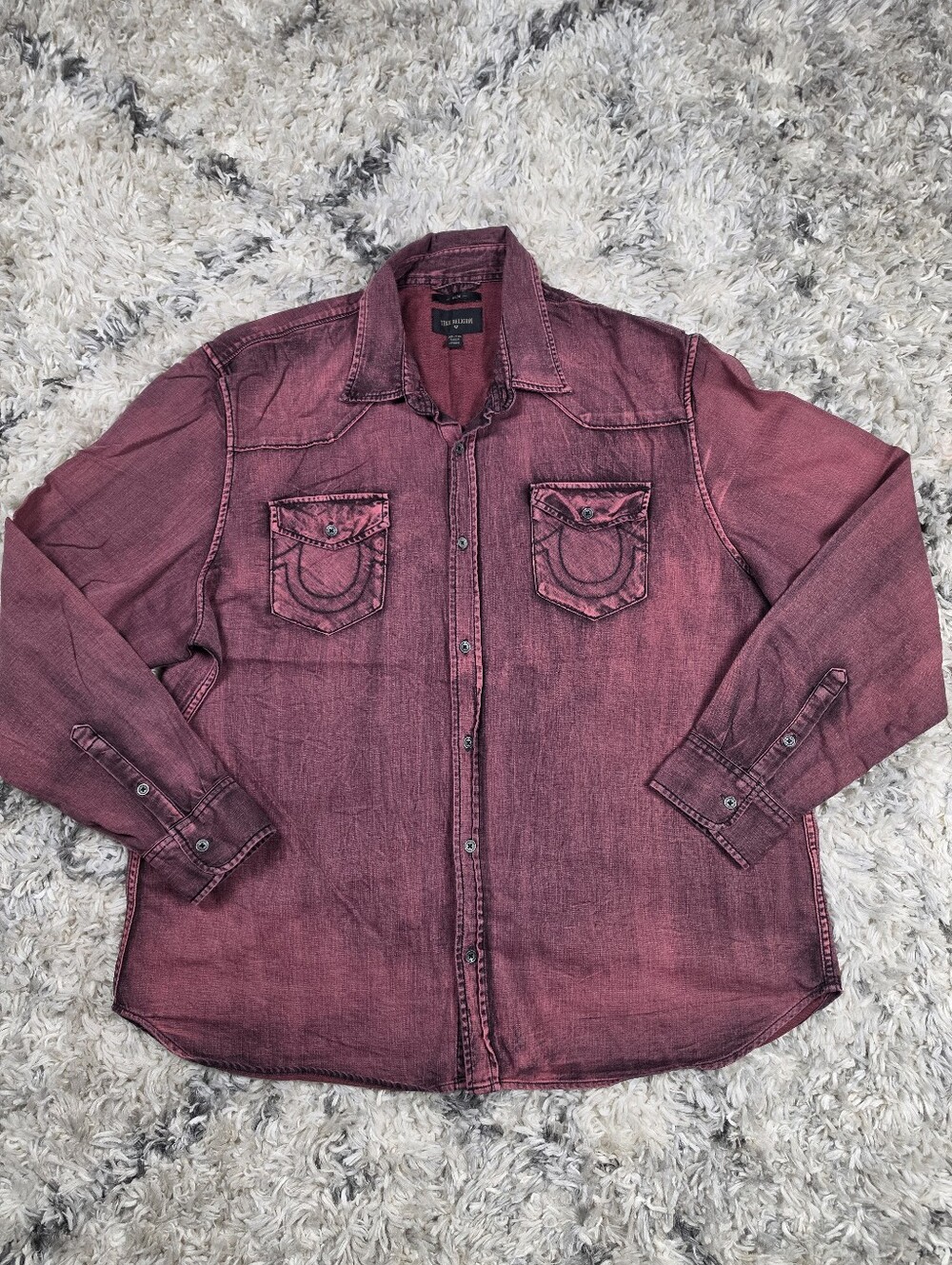 True Religion Western Shirt Mens 3XL Slim Maroon Burgundy Denim Long Sleeve